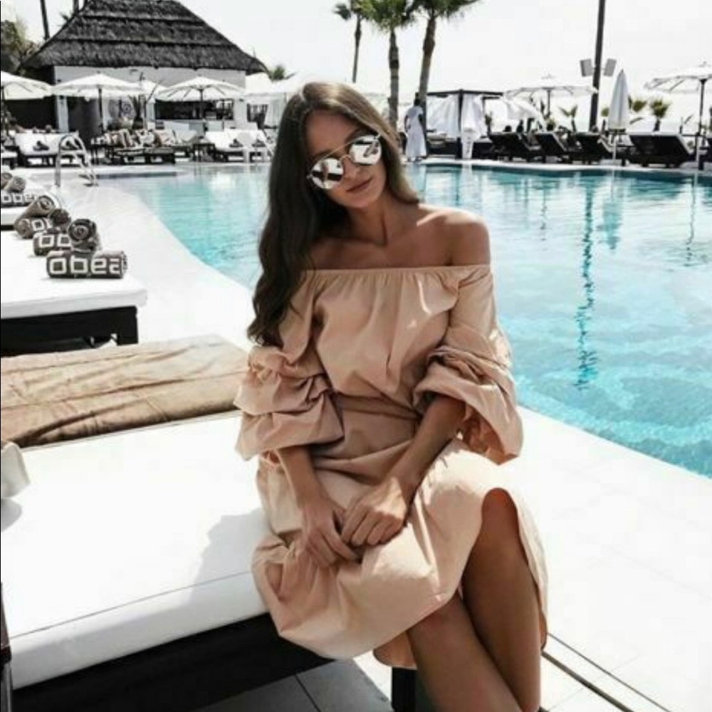 Zara Nude Puff Sleeve Off Shoulder Poplin Midi Dress size XS